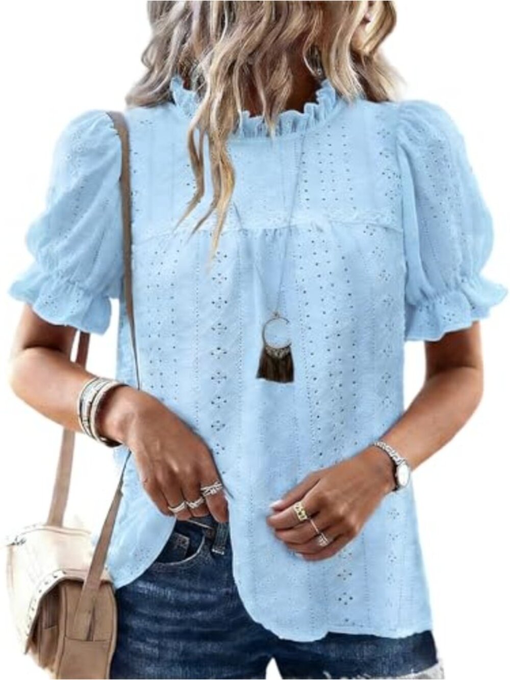 Eyelet Embroidered Mock Neck Puff Sleeve Blouse Women's Casual Summer Top